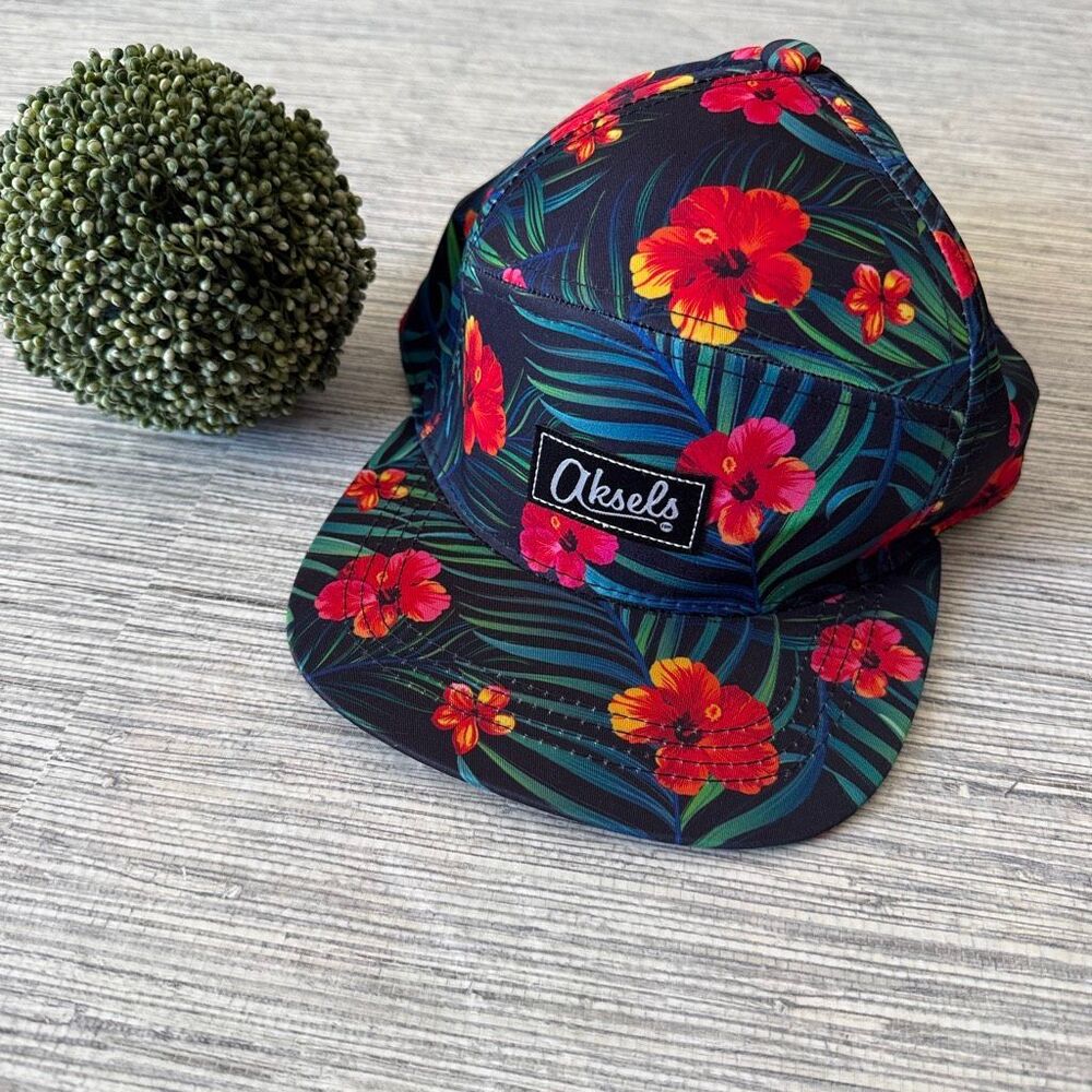 Aksels Tropical Floral 5-Panel Camper Hat Black Hibiscus Snapback Cap Unisex